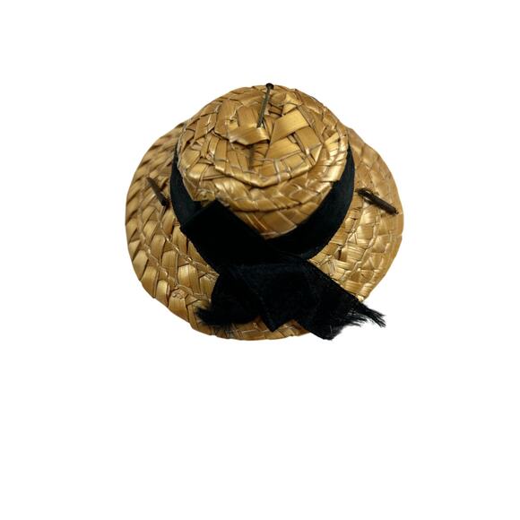 Vintage Straw Doll Hat with Black Ribbon Bow—Fits Barbie, Clone, Fashion Dolls - Picture 1 of 3